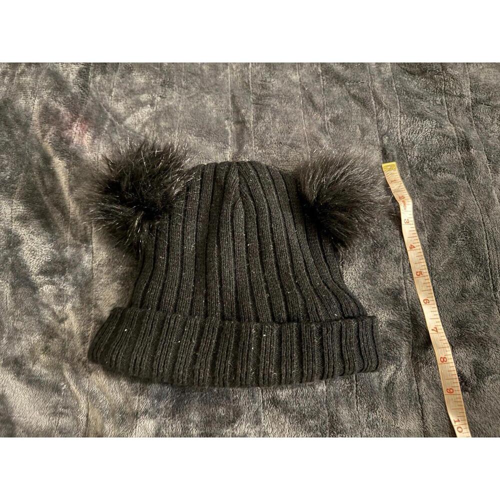 Beanie hat two Pompoms black silk cap inside warm for cold weather